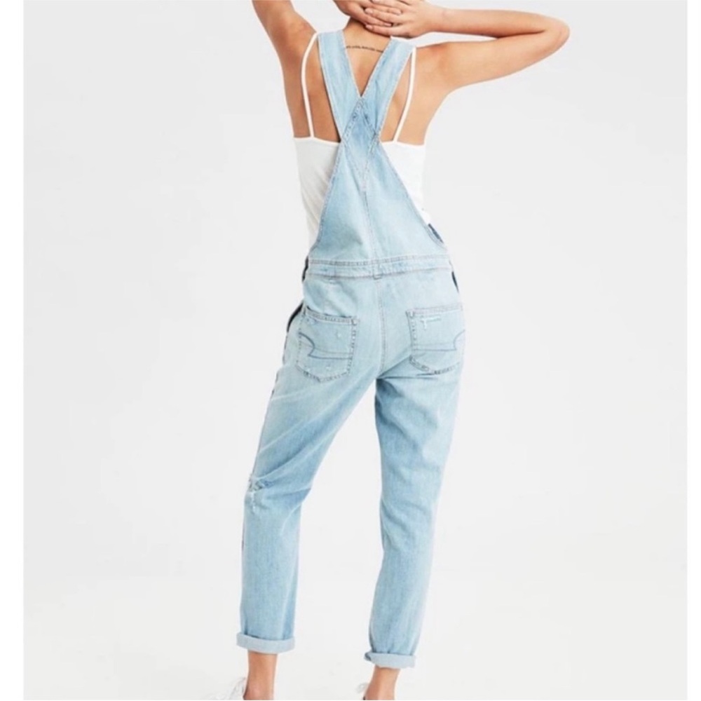 American Eagle Tomgirl Denim Overalls Distressed Light Blue XL - Picture 11 of 12